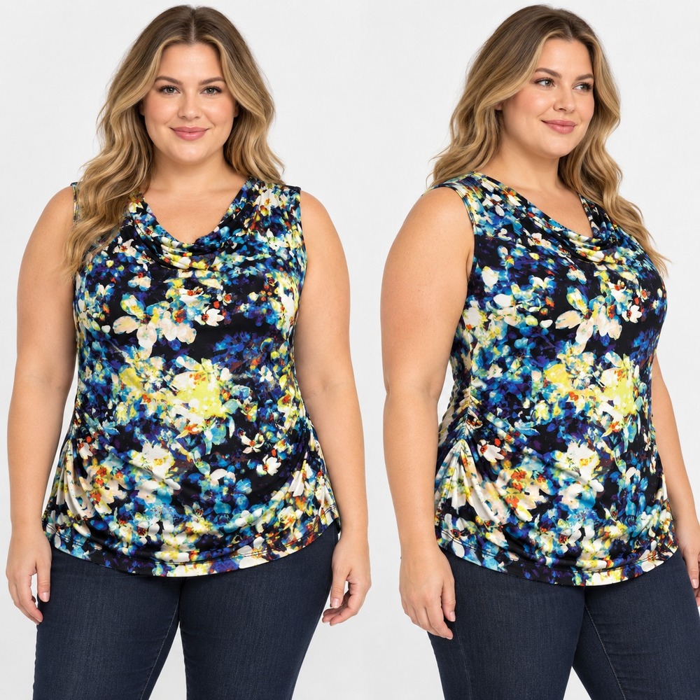 WORTHINGTON Top 3X Womens Floral Cowl Neck Sleeveless Blouse Blue Multi Knit
